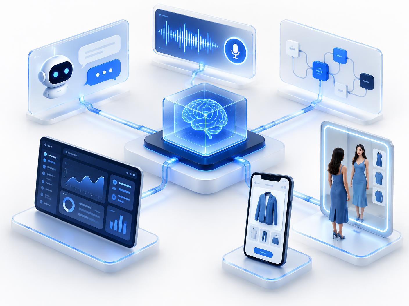 Illustration of AI chat assistants, voice agents, automation workflows, dashboards, mobile apps and virtual try-on connected to a central AI core